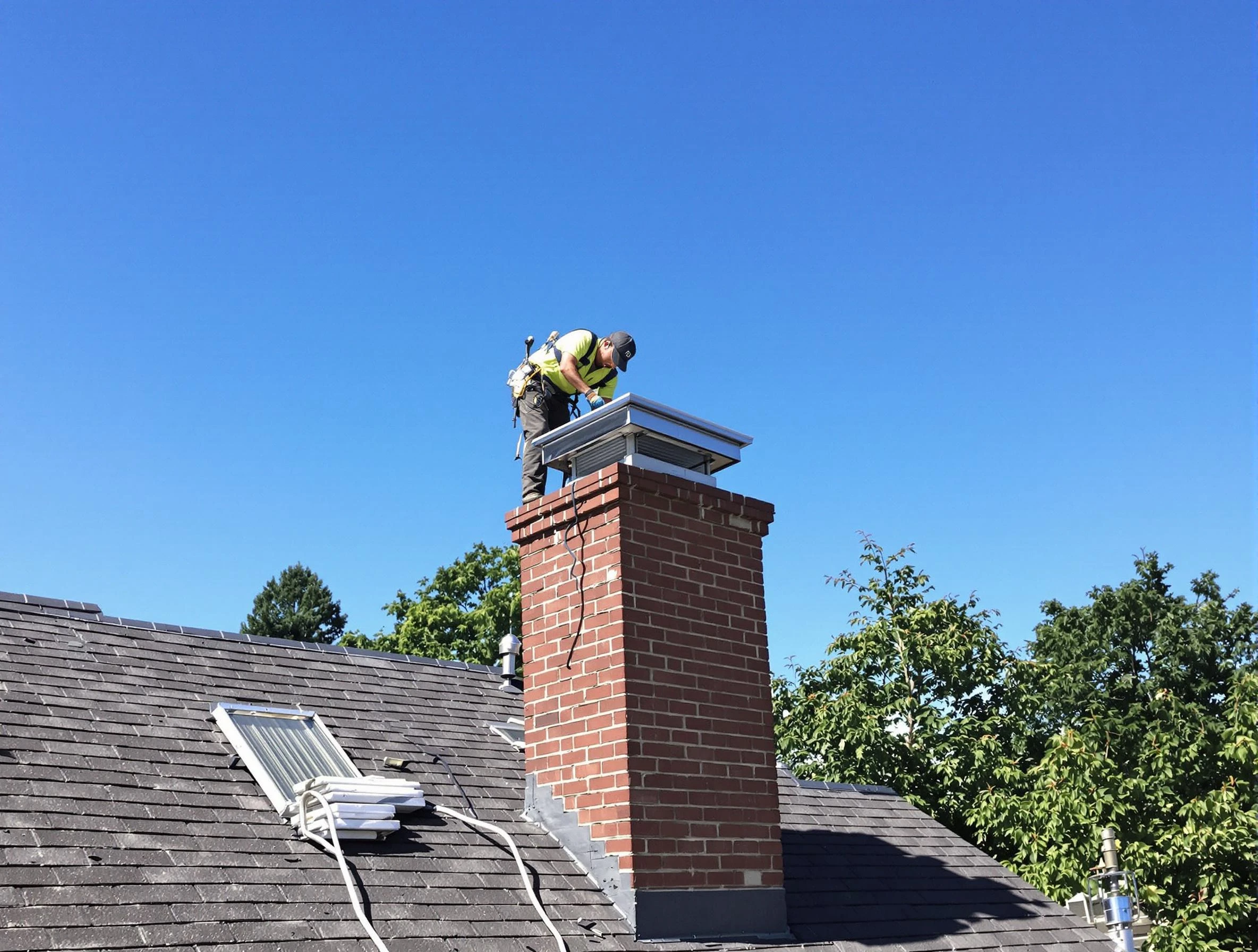Duluth Chimney Sweep technician measuring a chimney cap in Duluth, GA